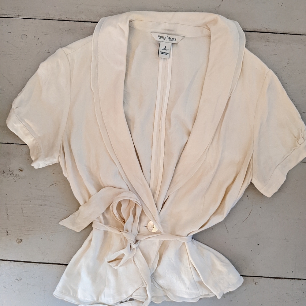 White House Black Market Cream Blouse with Tie Waist